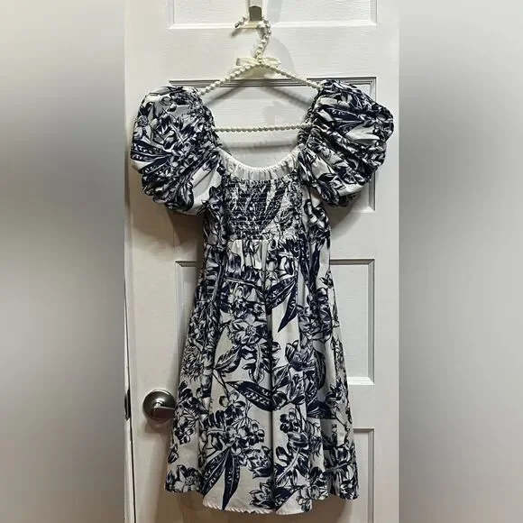 Abercrombie & Fitch The Emerson Poplin Puff Sleeve  Dress Blue White XS - Picture 2 of 8